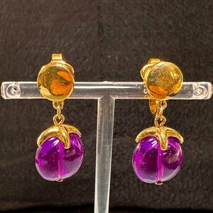 Trifari Crown Purple Lucite Apple Fruit Dangle Clip-On Earrings